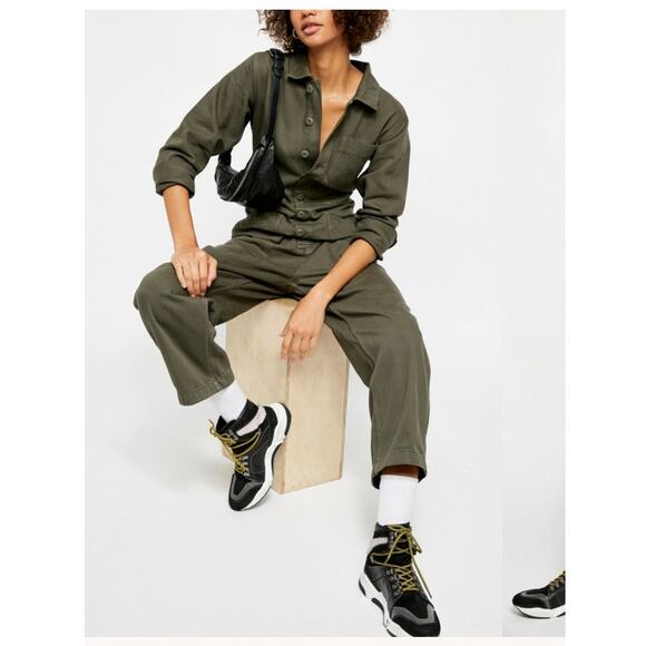 Free People | Gia Coverall Jumpsuit Cotton Utility Army Size XS - Picture 1 of 11